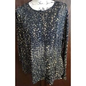 CONVERSE ONE STAR XL Blouse BLACK TAN Chiffon Pintuck Pleat Bib Button Top Sheer